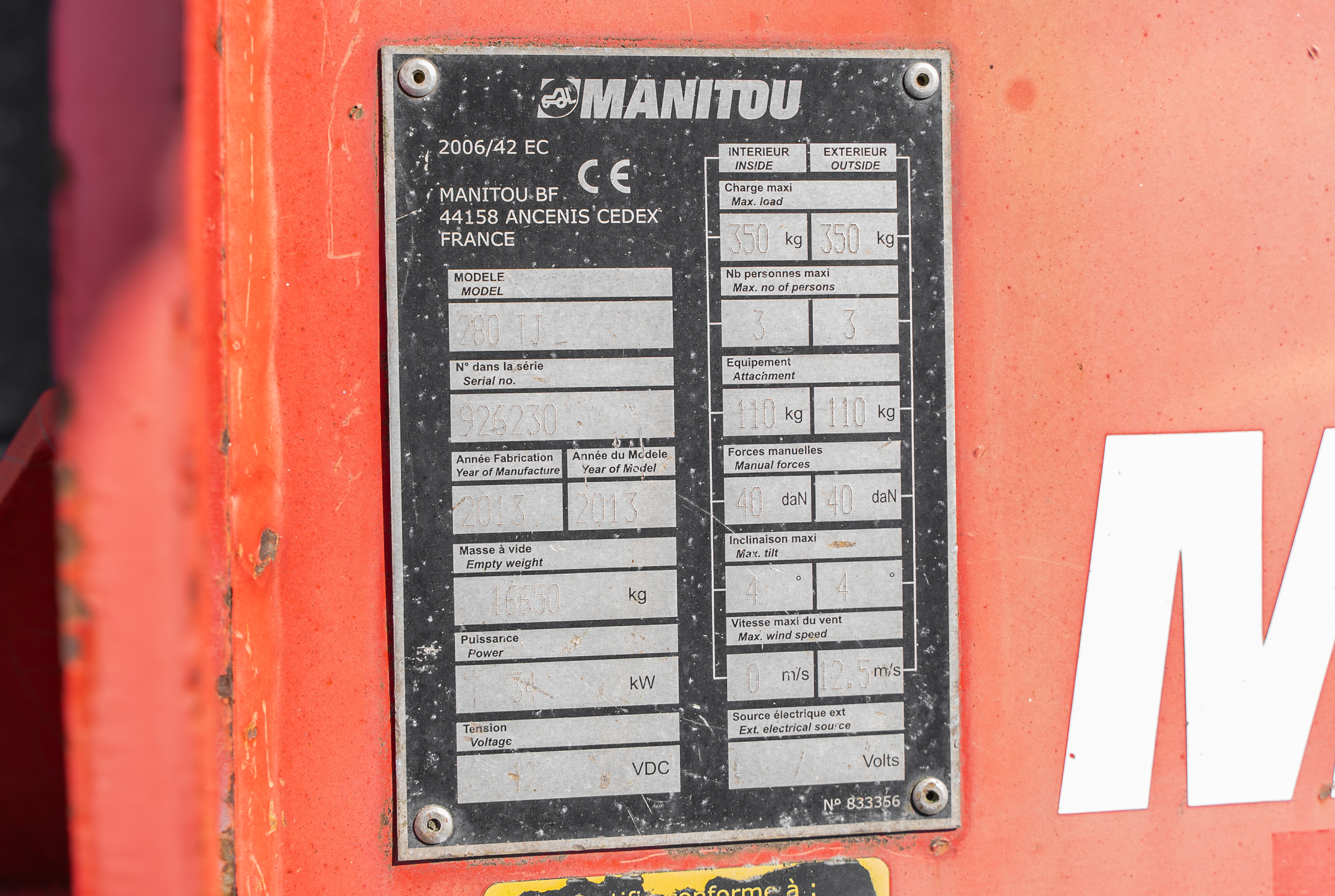 Manitou - Nacelles élévatrices - TJ 280 - Plaque signalétique