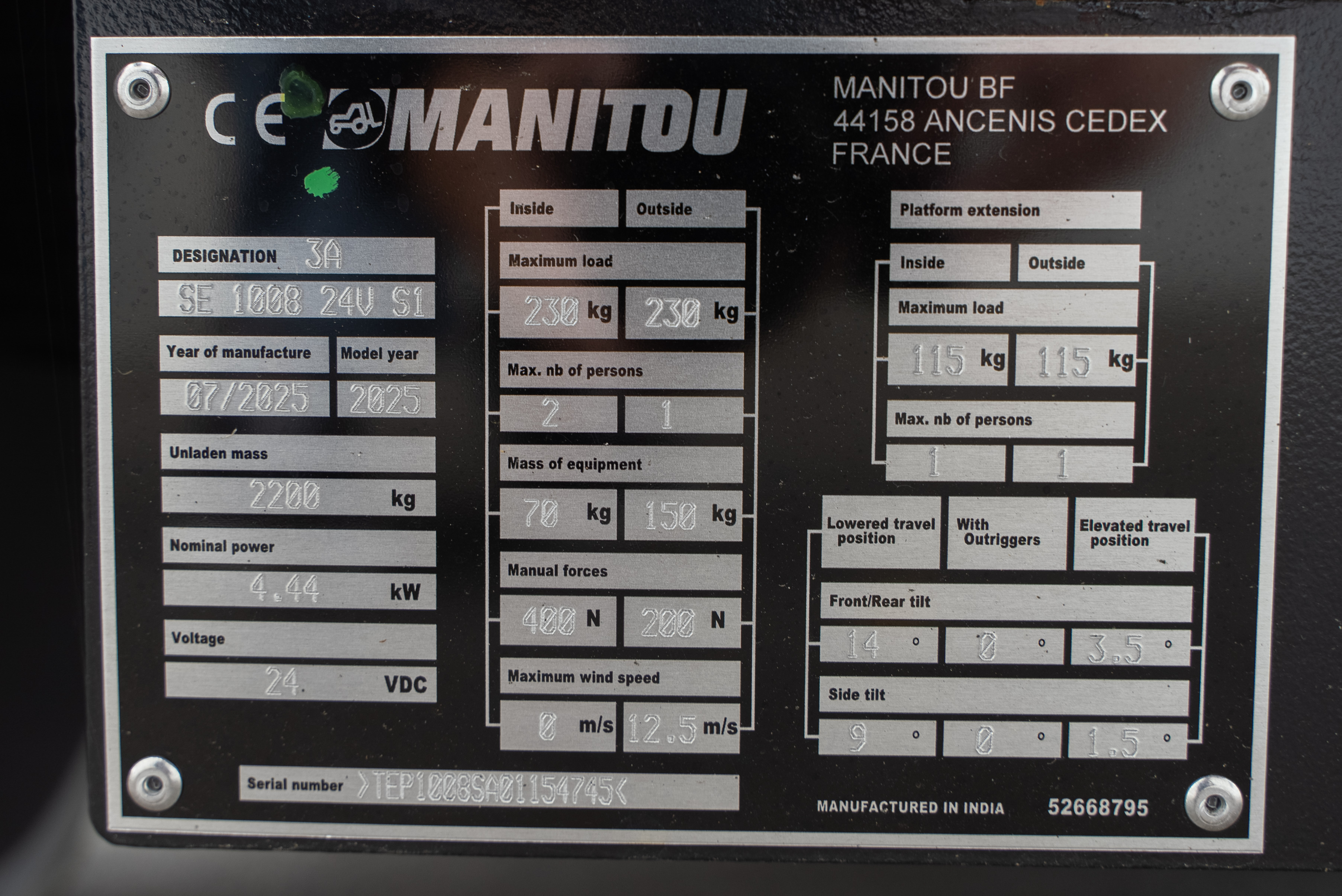 SE 1008 24V S1 - Identification plate