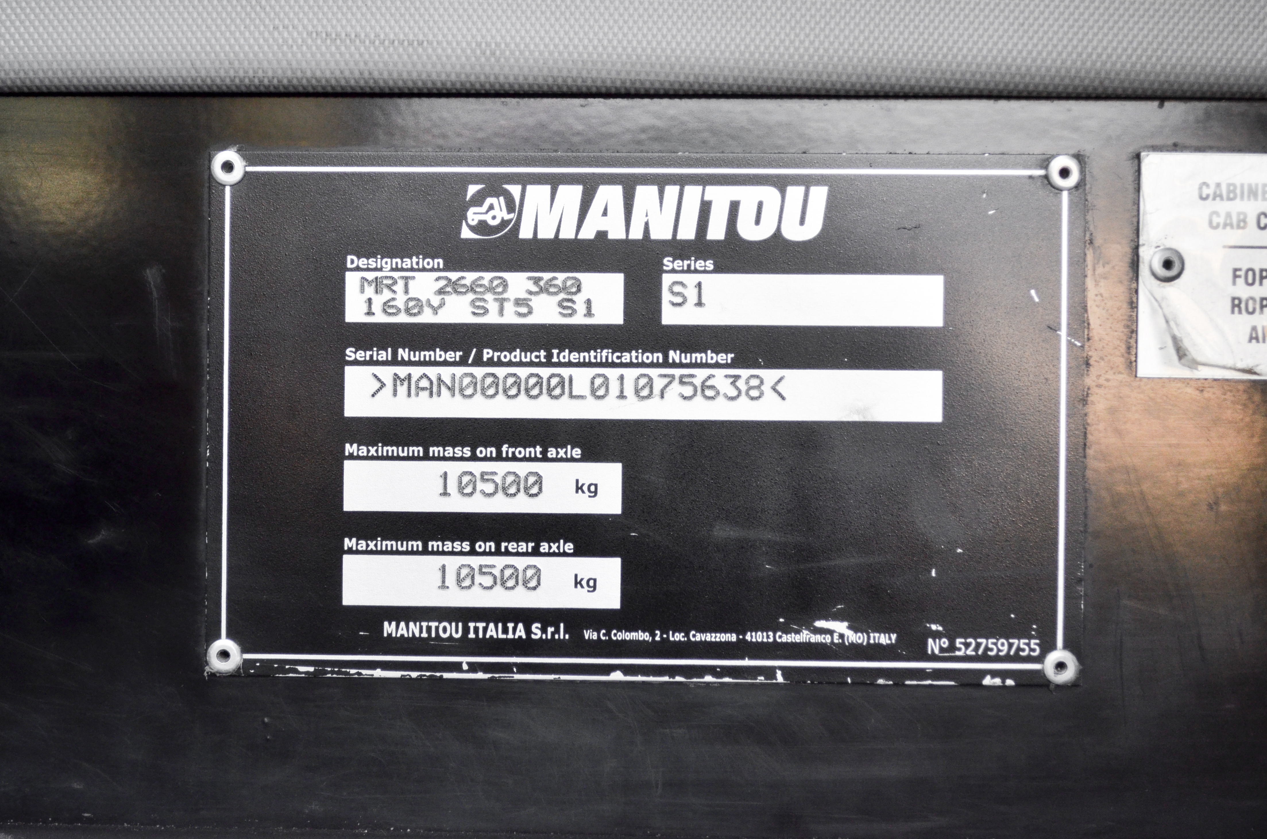 MRT 2660 360 160Y ST5 S1 - Identification plate