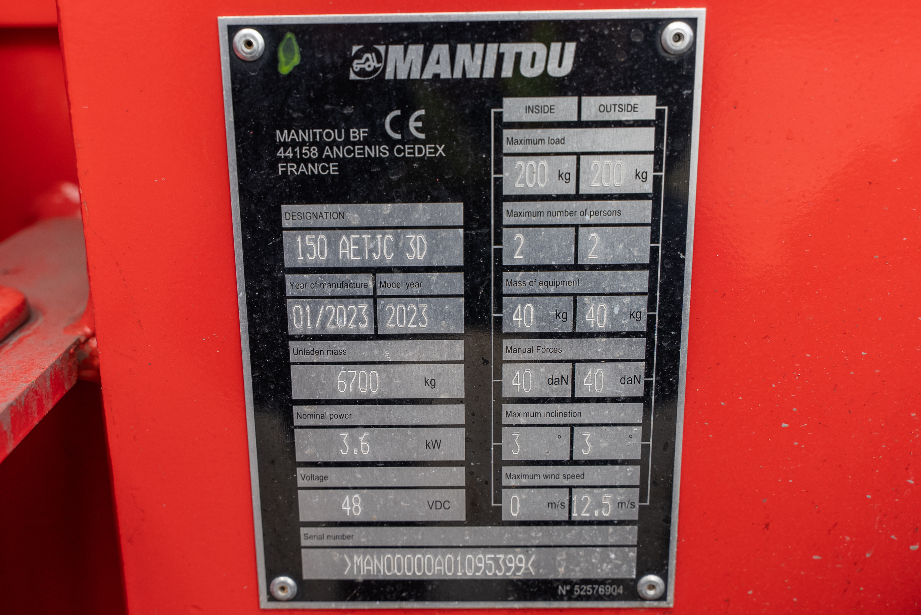 Manitou - Aerial platforms - AETJC 150 3D - Identification plate