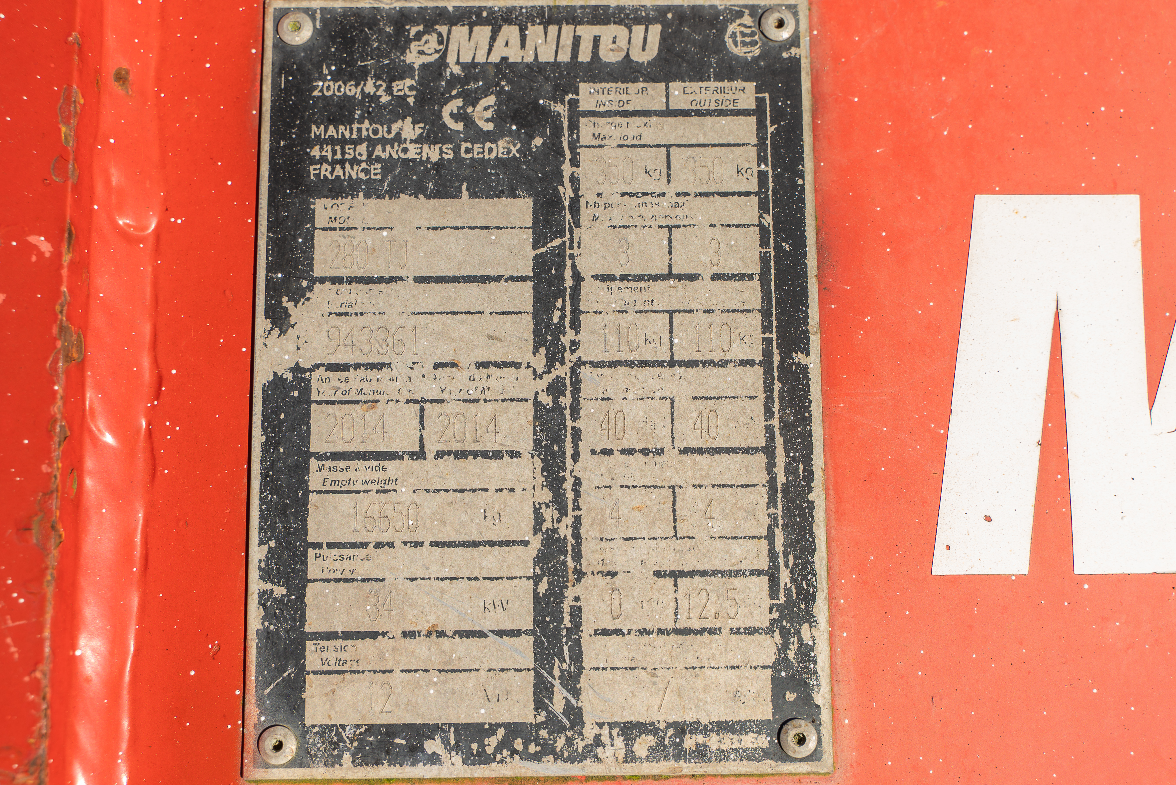 Manitou - Nacelles élévatrices - TJ 280 - Plaque signalétique