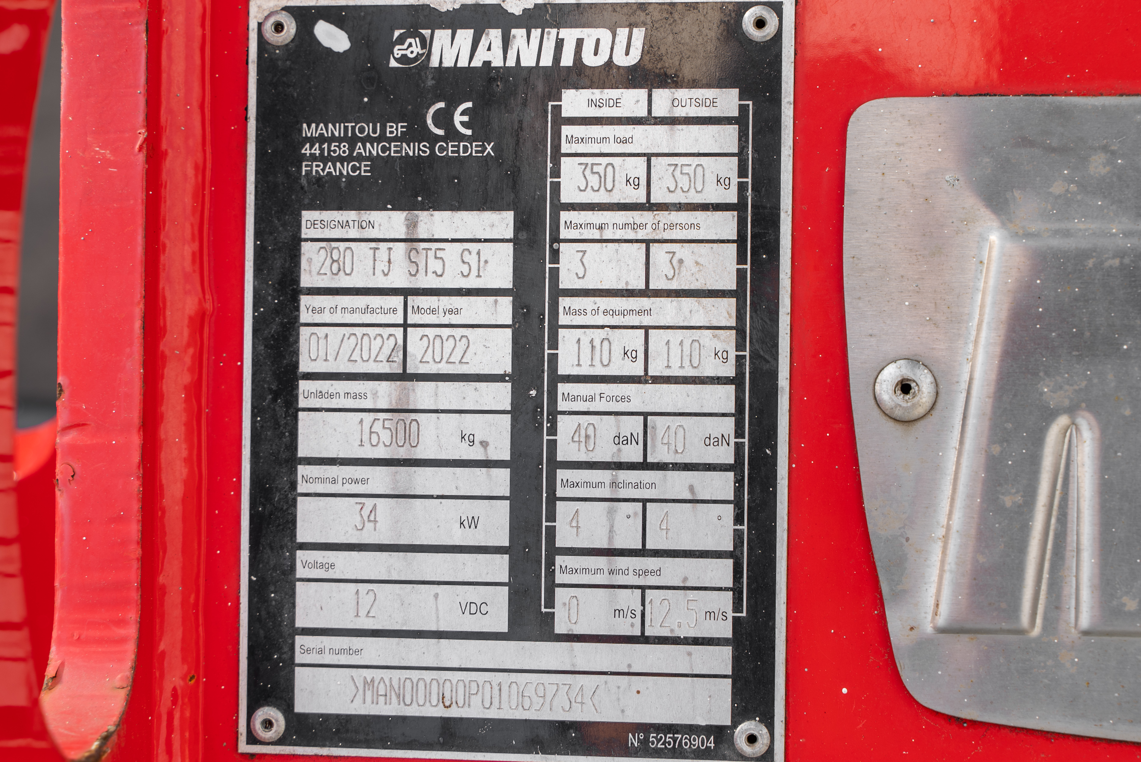 TJ 280 ST5 S1 - Identification plate