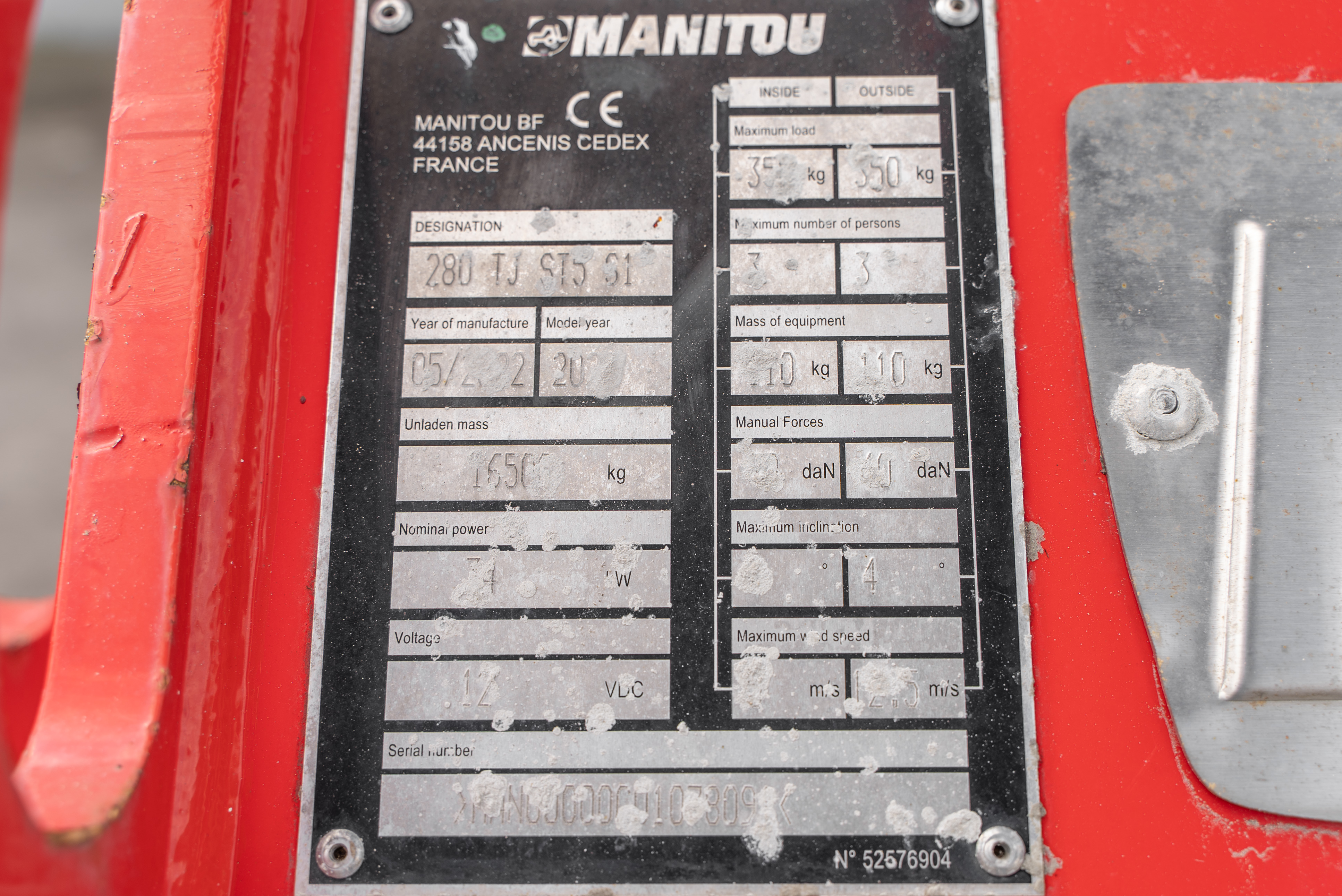 Manitou - Nacelles élévatrices - TJ 280 ST5 S1 - Plaque signalétique