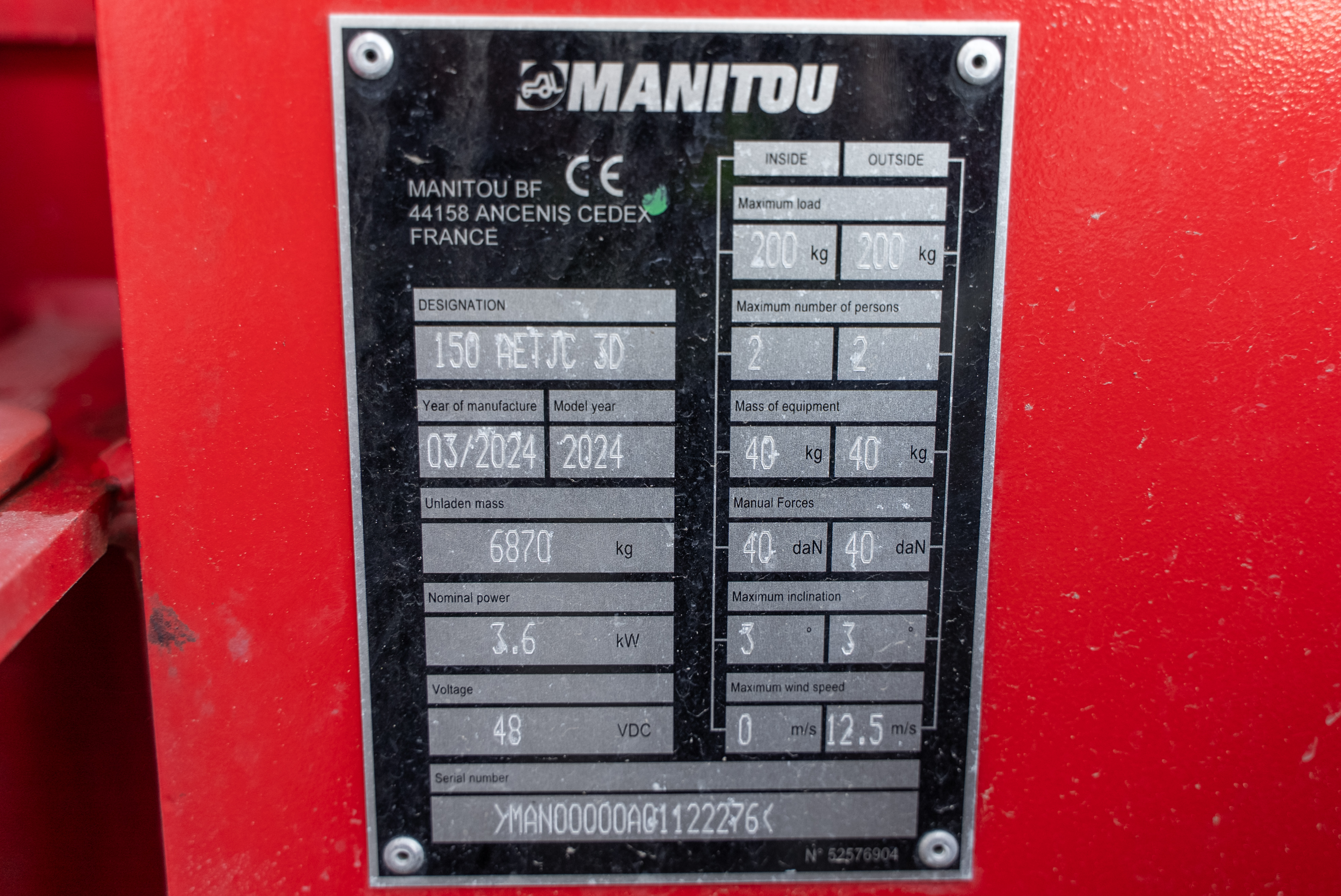 Manitou - Hoogwerkers - AETJC 150 3D - Typeplaat
