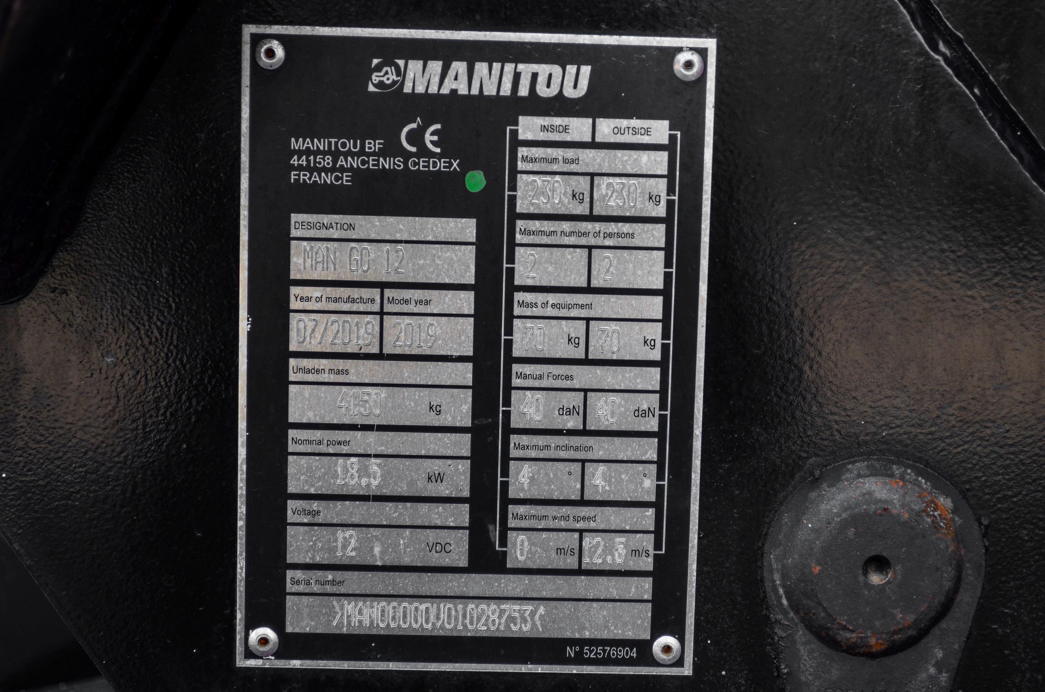 MAN GO 12 - Identification plate