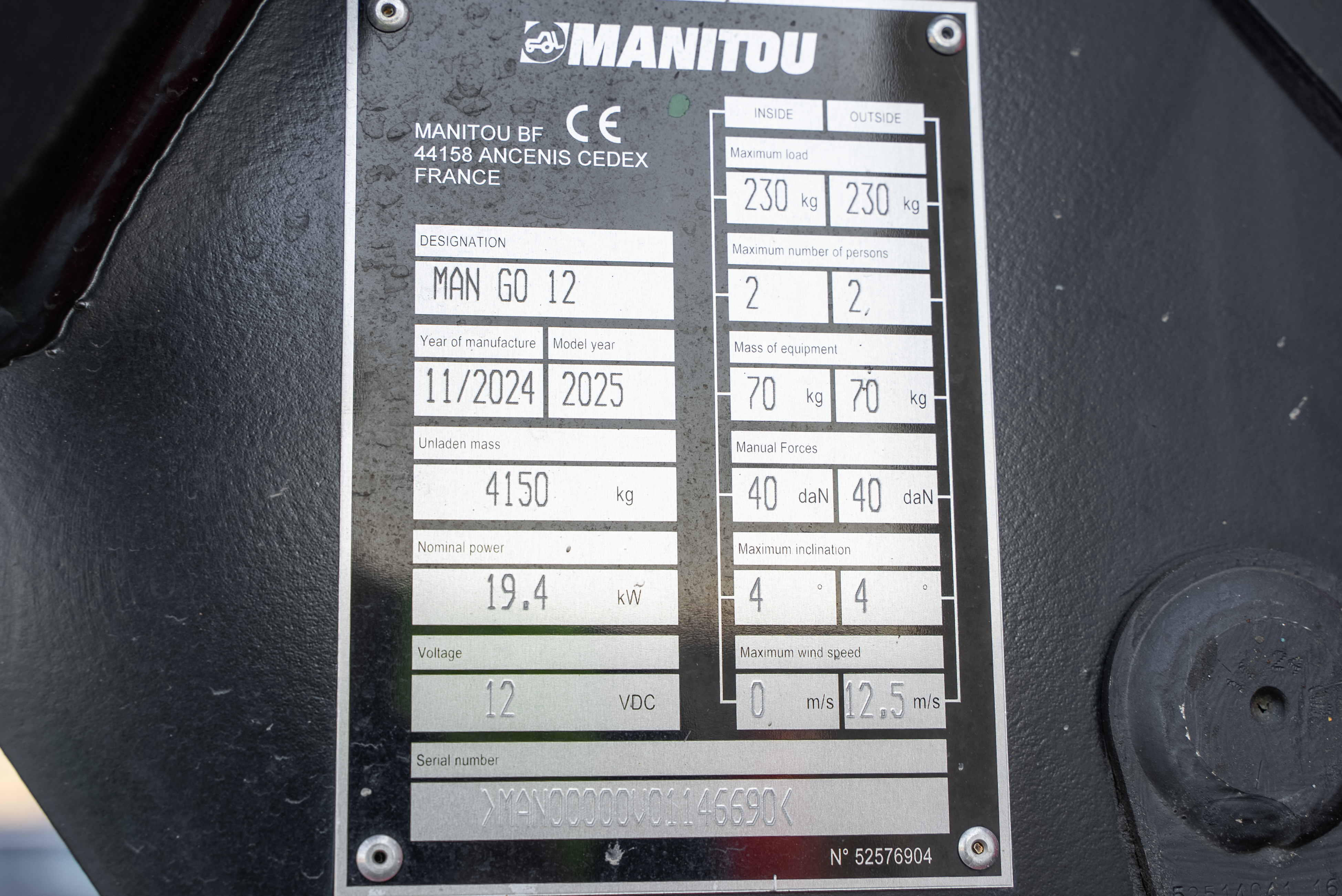 Manitou - Hoogwerkers - MAN GO 12 - Typeplaat