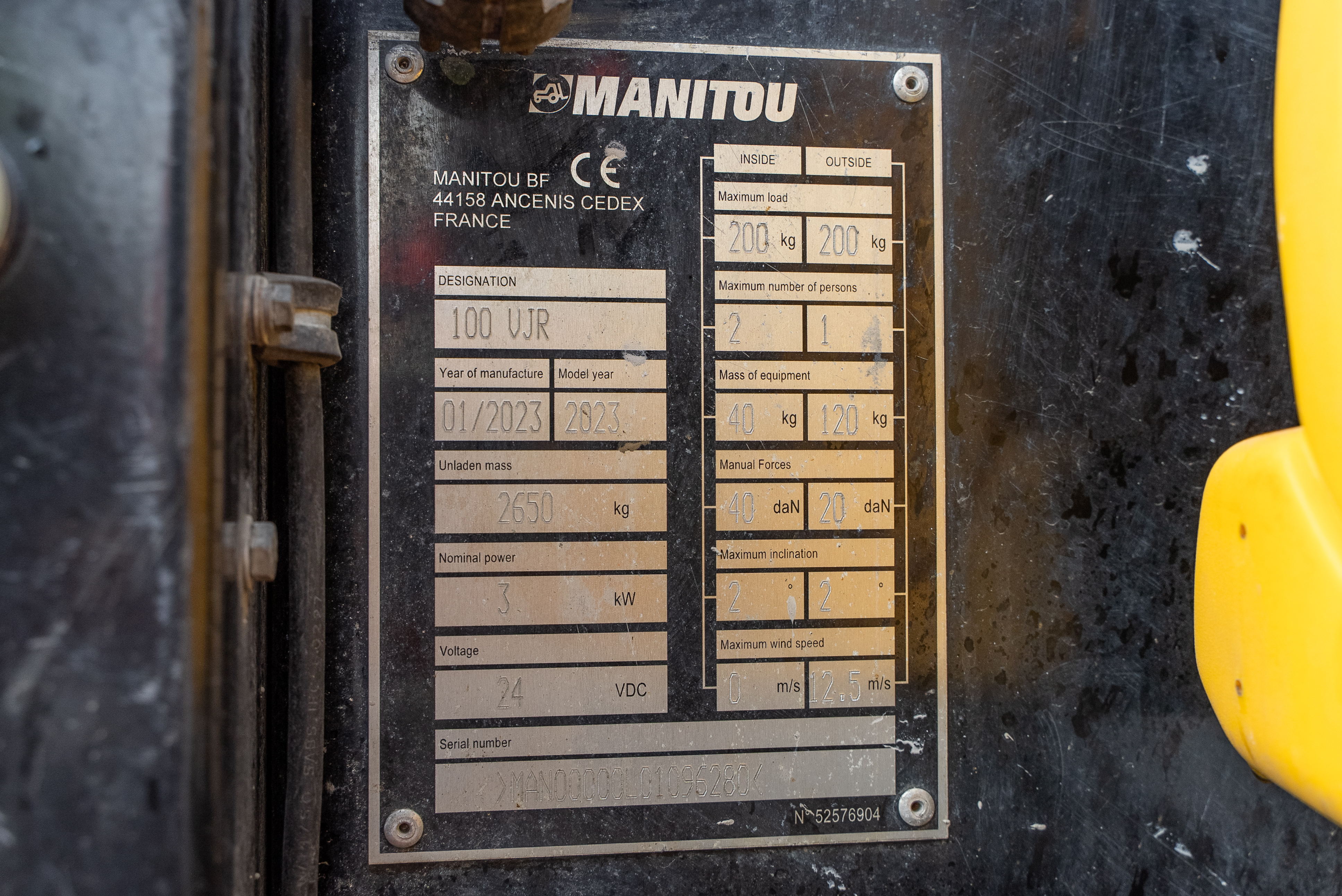 Manitou - Aerial platforms - VJR 100 EVOLUTION - Identification plate
