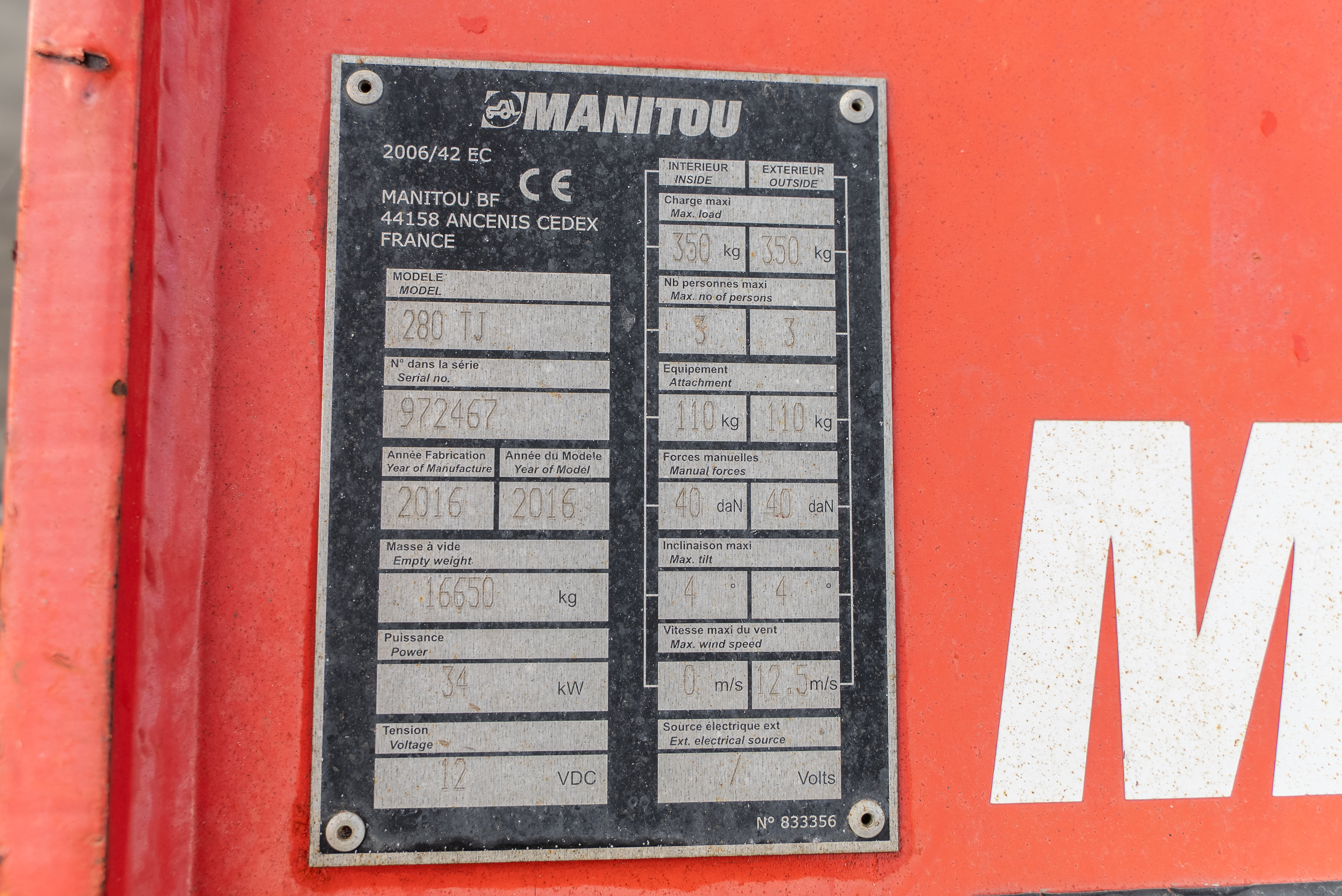 Manitou - Aerial platforms - TJ 280 - Identification plate