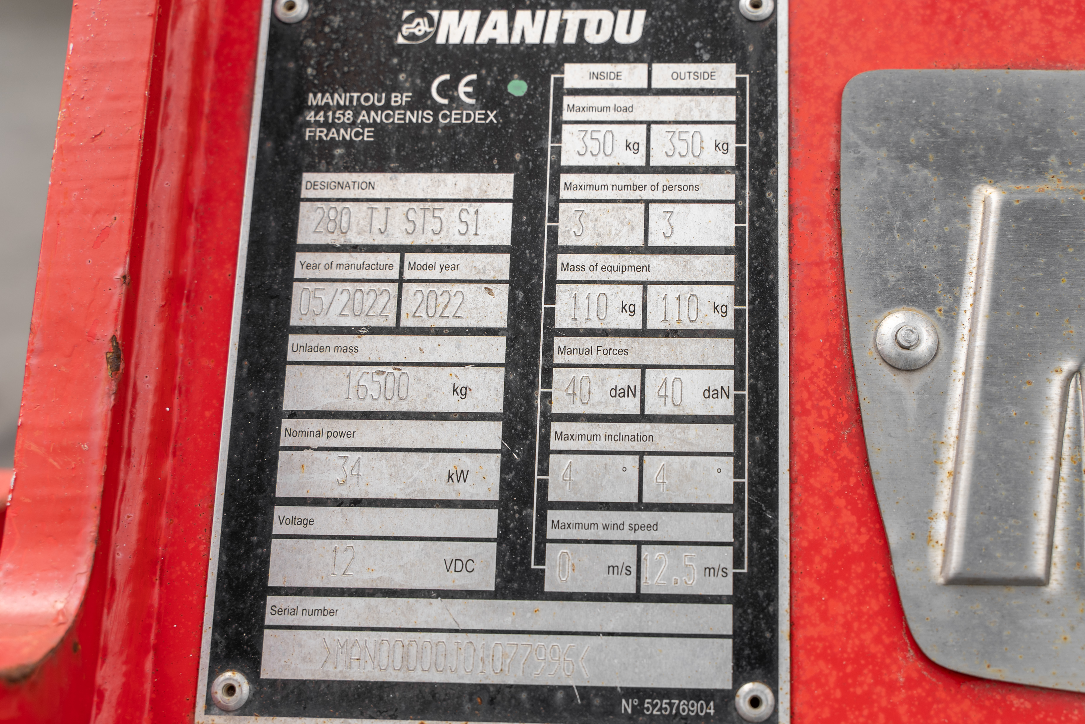 TJ 280 ST5 S1 - Identification plate
