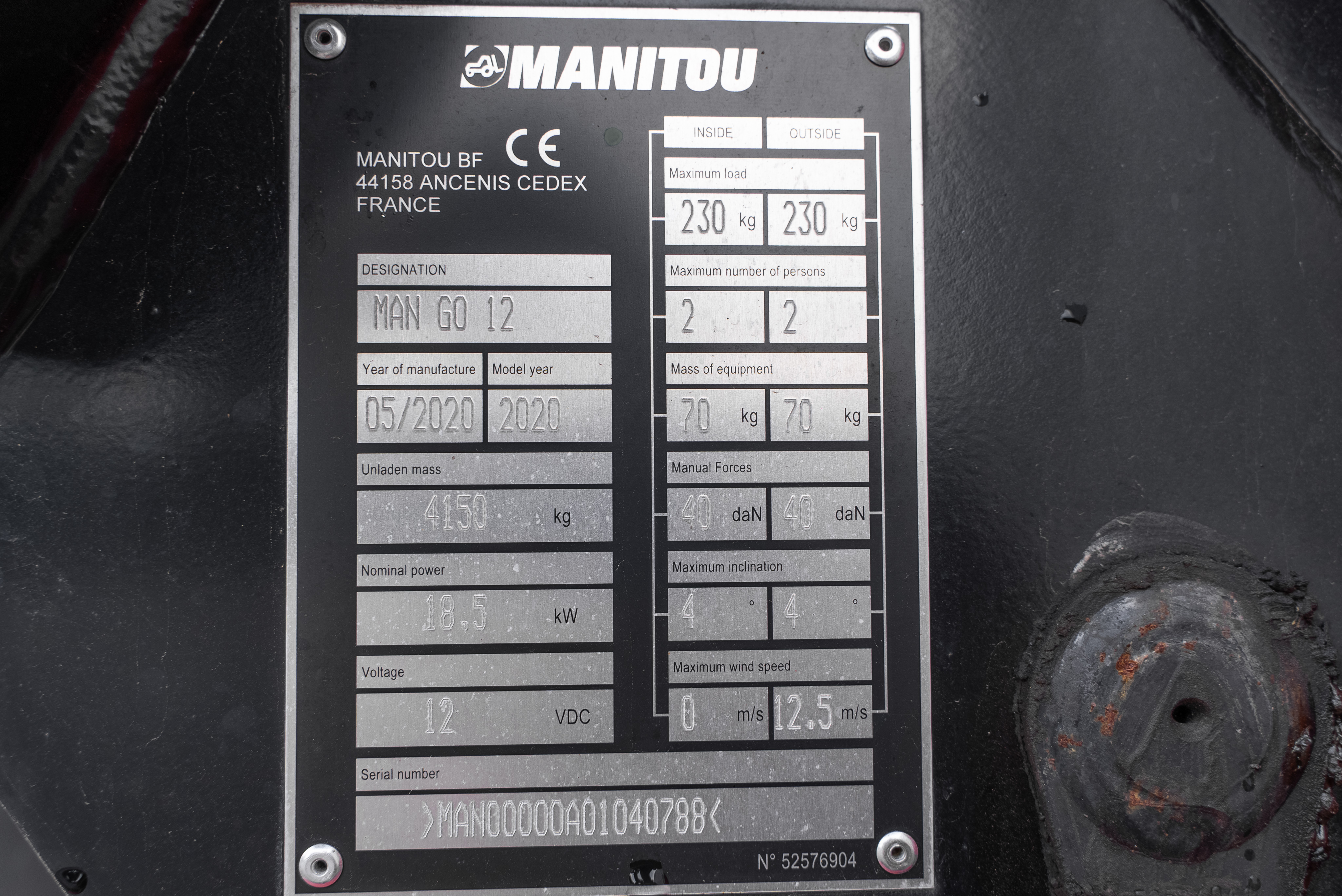 Manitou - Nacelles élévatrices - MAN GO 12 - Plaque signalétique