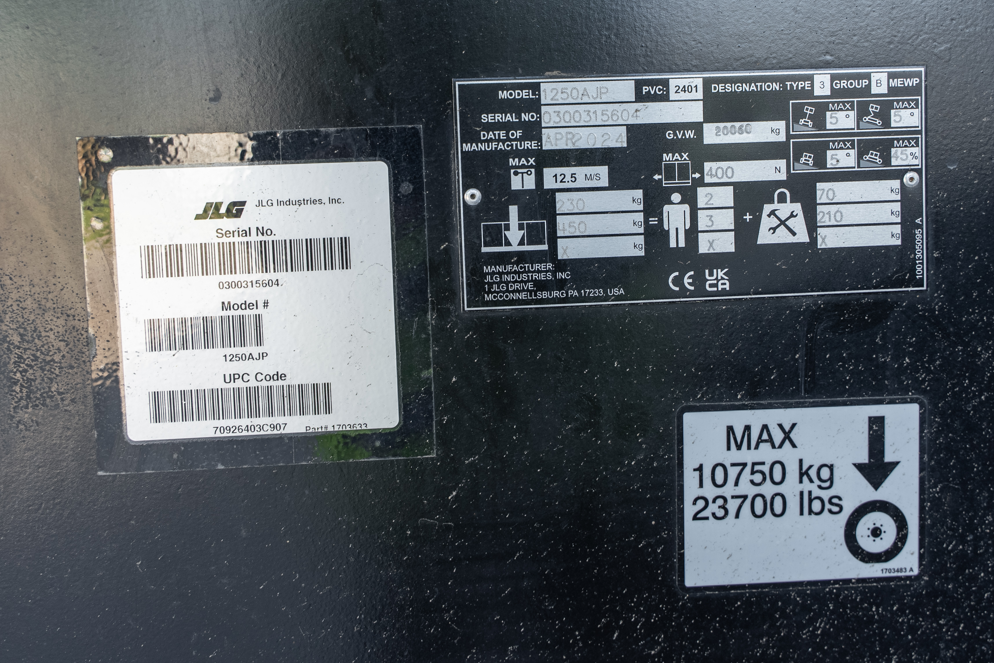 Jlg - Nacelles élévatrices - 1250 AJP - Plaque signalétique