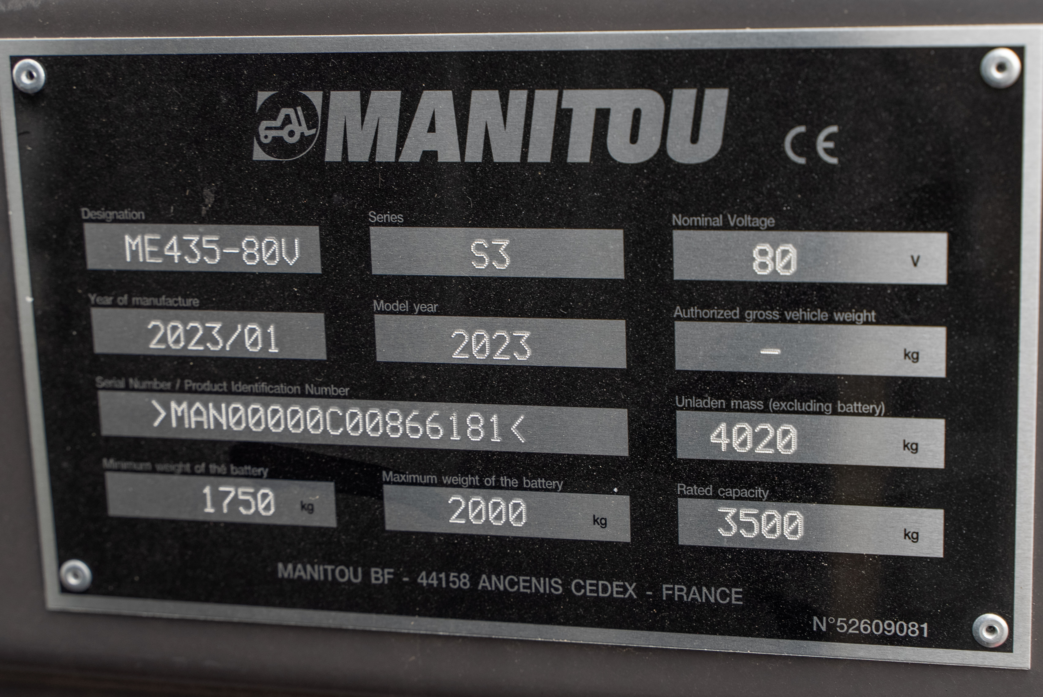 Manitou - Heftrucks - ME 435 80V S3 - Typeplaat