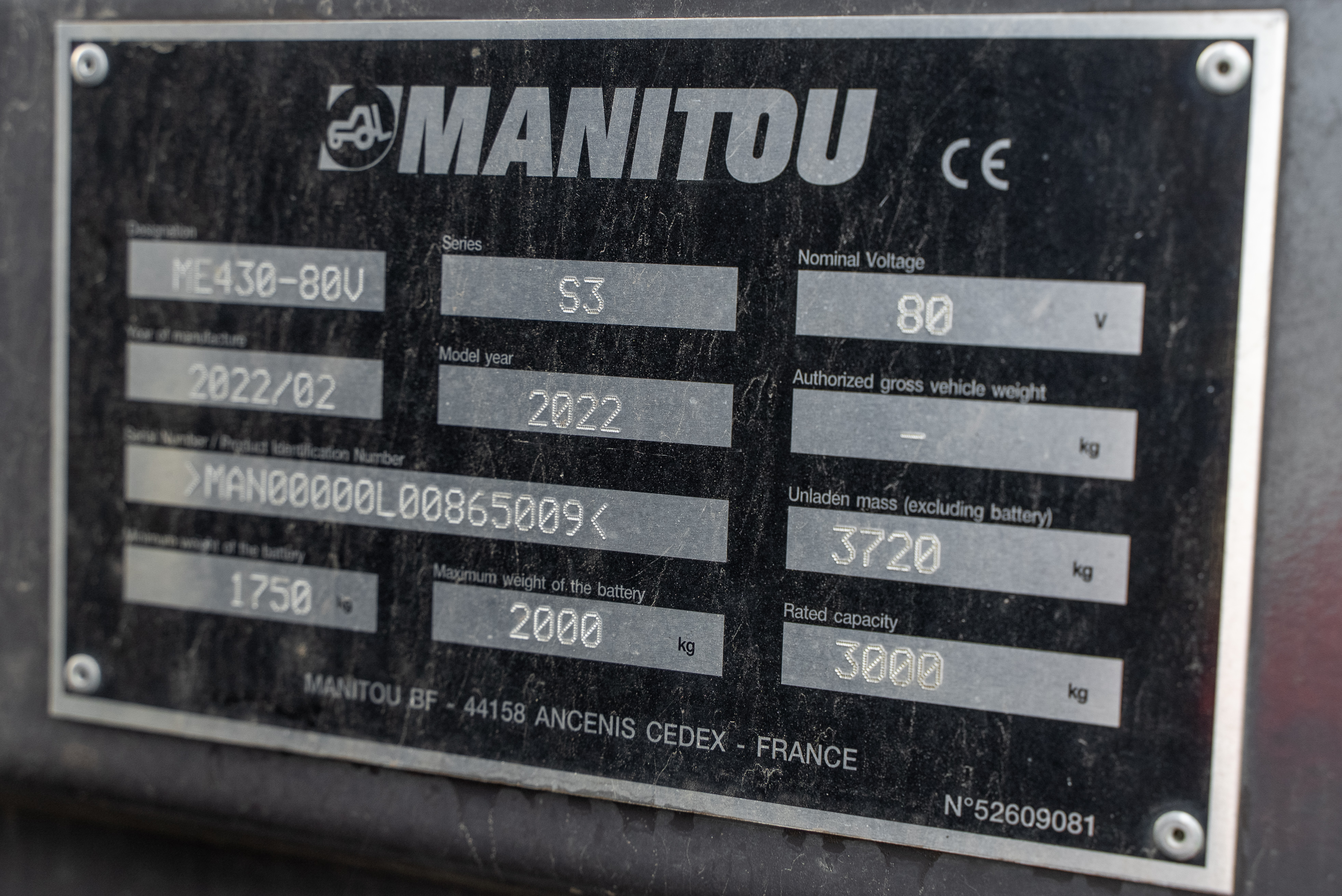 Manitou - Forklifts - ME 430 80V S3 - Identification plate