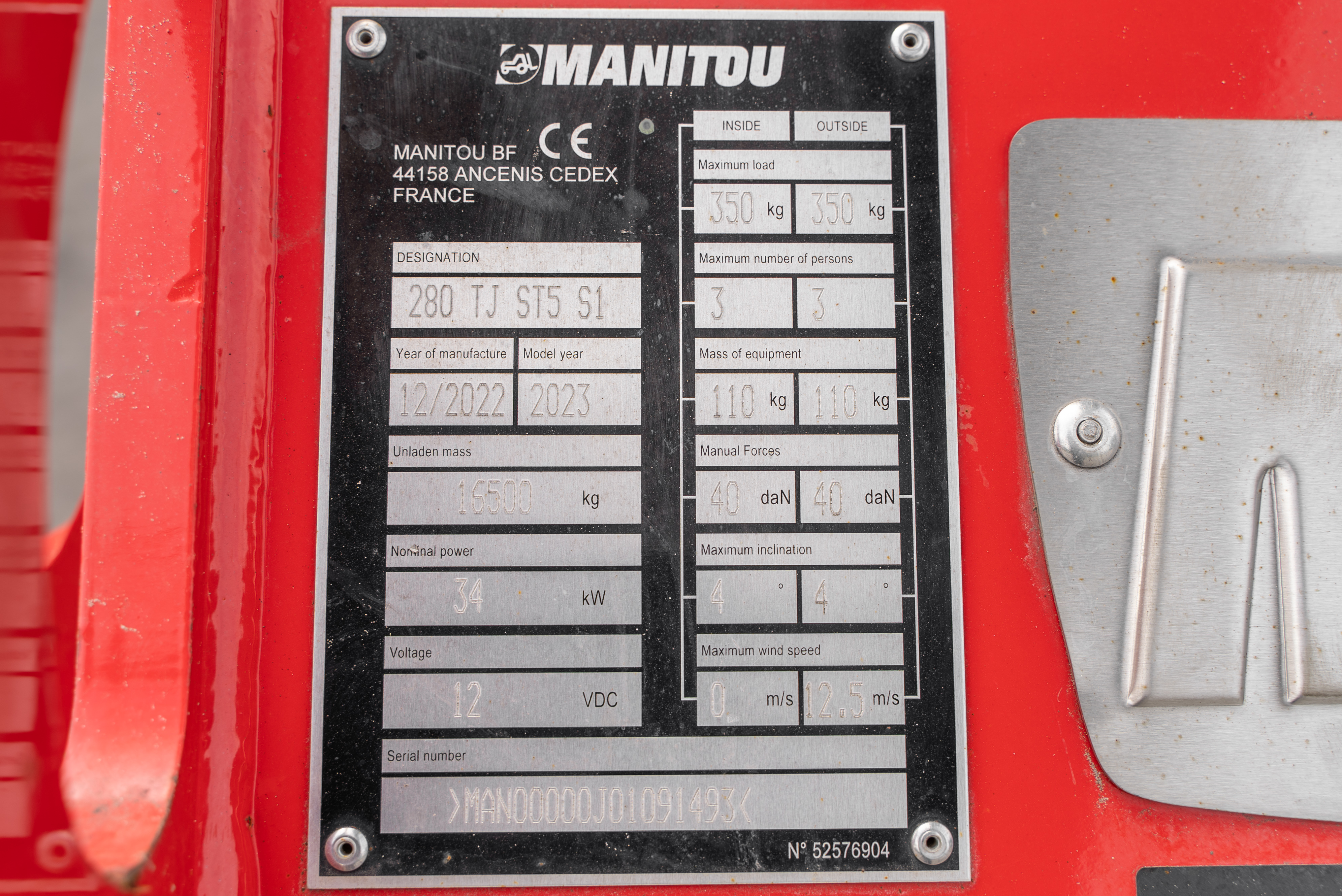 TJ 280 ST5 S1 - Identification plate