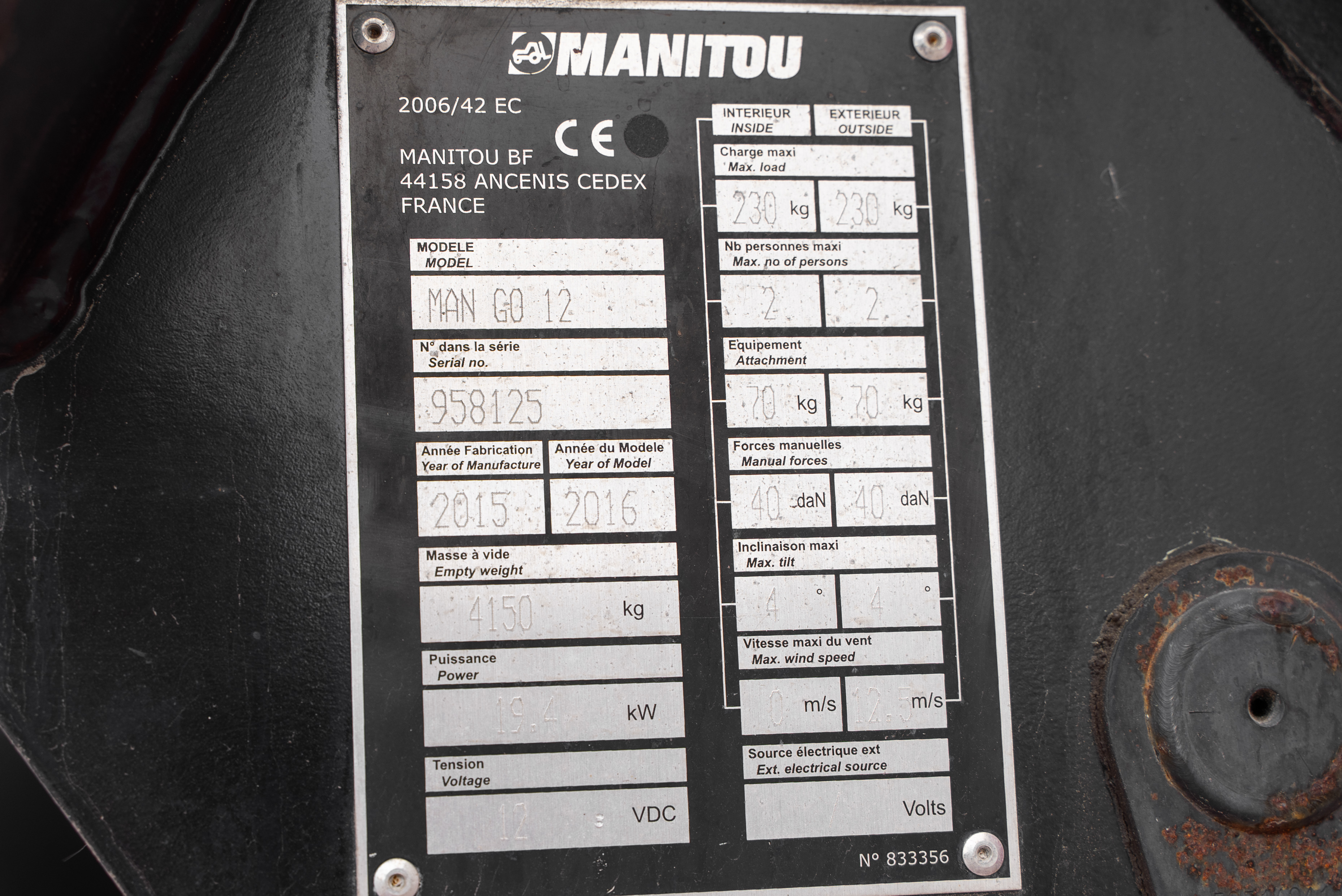 Manitou - Hoogwerkers - MAN GO 12 - Typeplaat