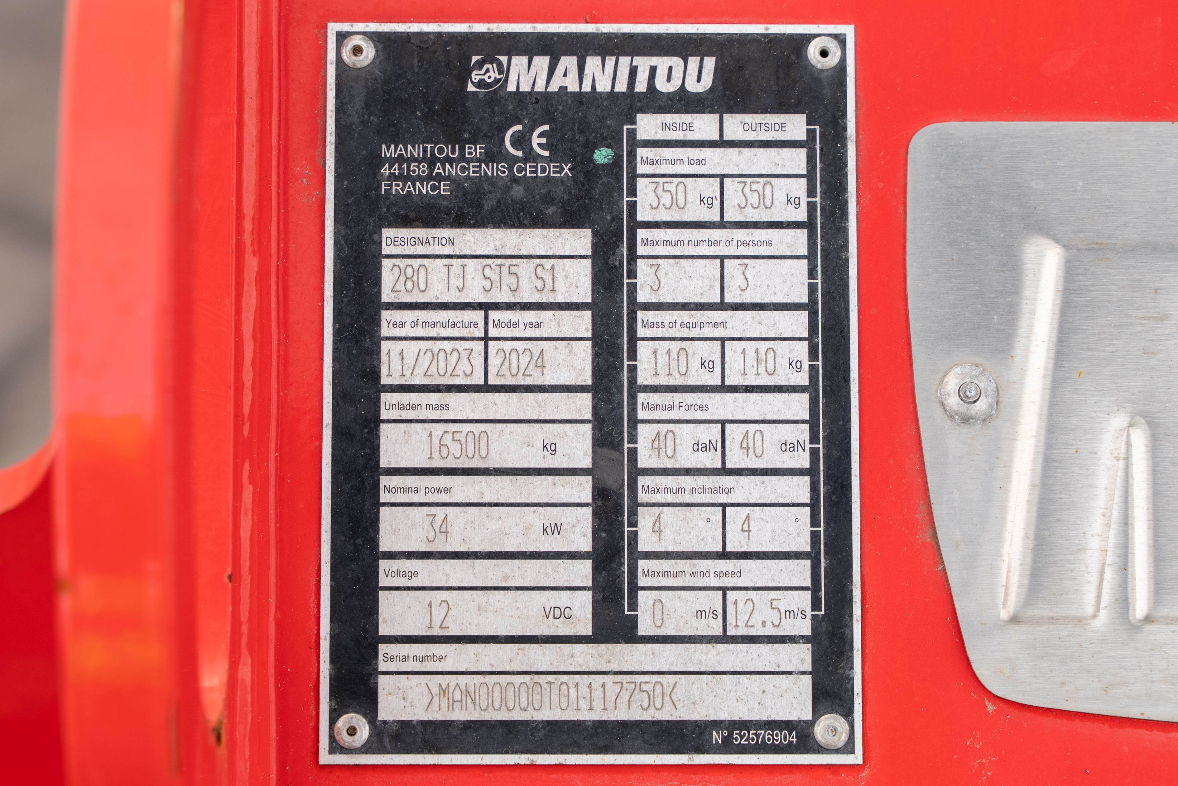 TJ 280 ST5 S1 - Identification plate