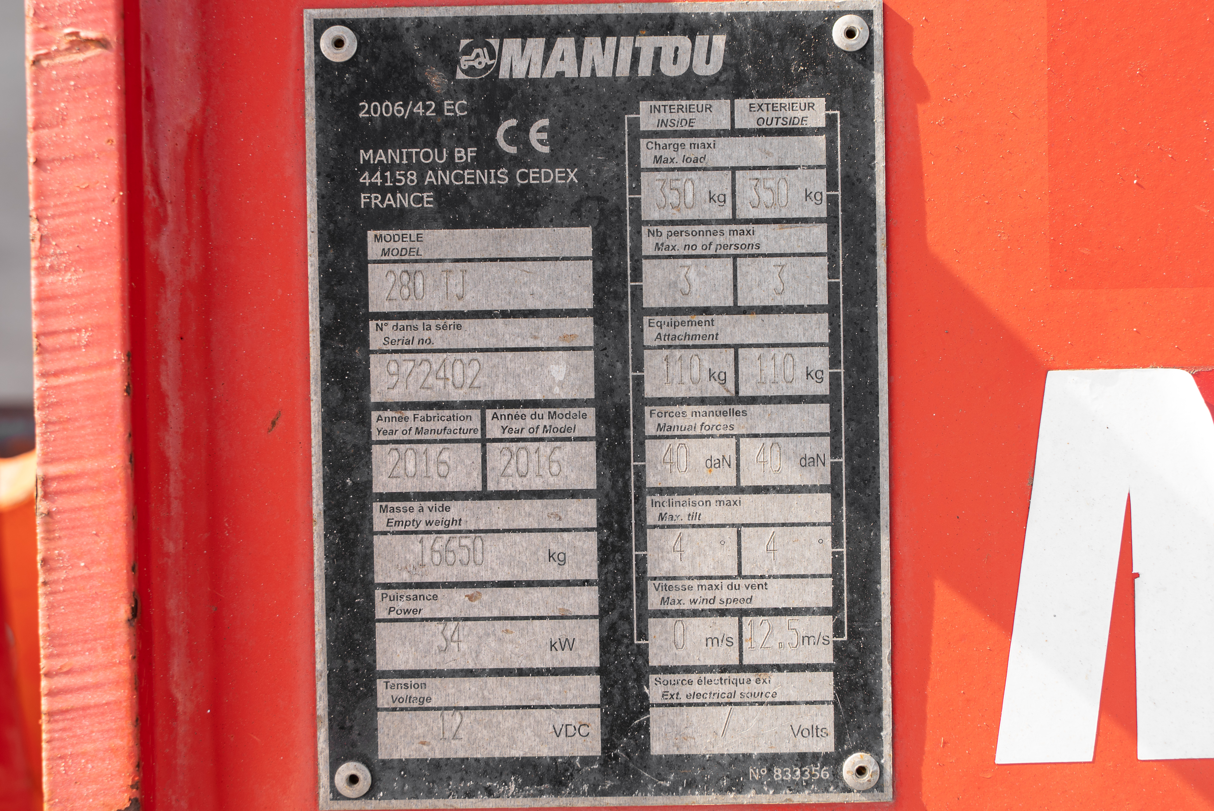 TJ 280 - Identification plate