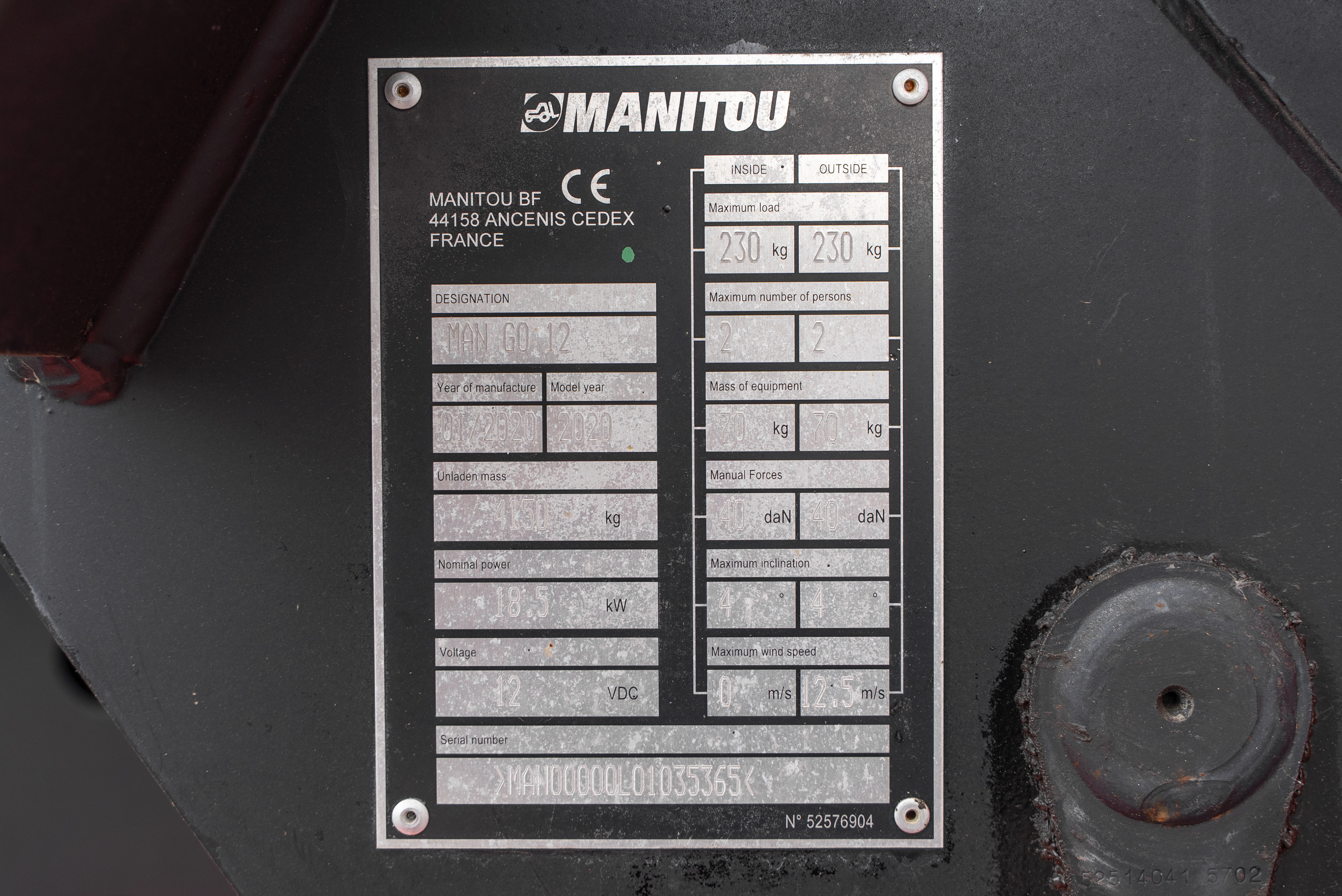 MAN GO 12 - Identification plate