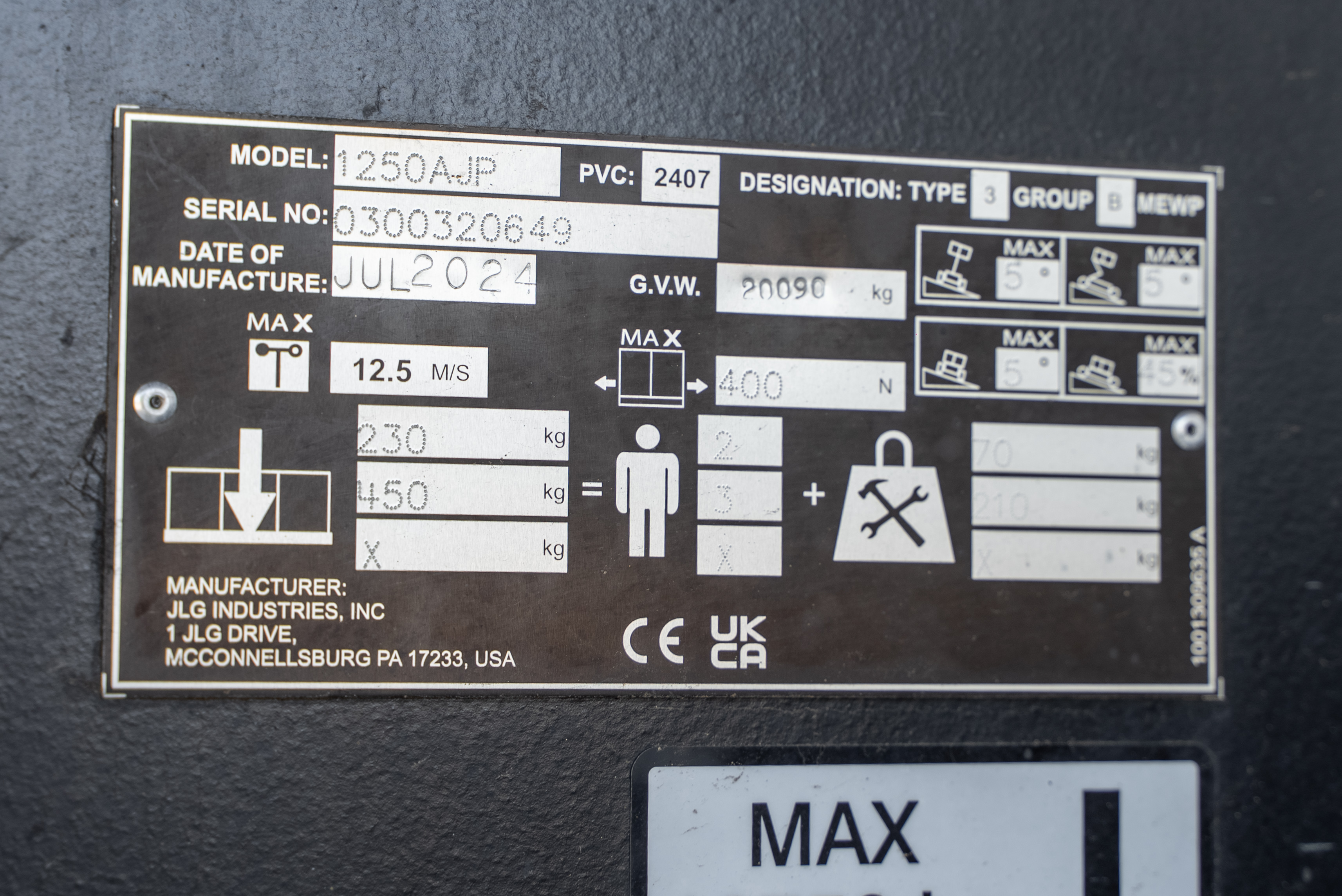 Jlg - Nacelles élévatrices - 1250 AJP - Plaque signalétique