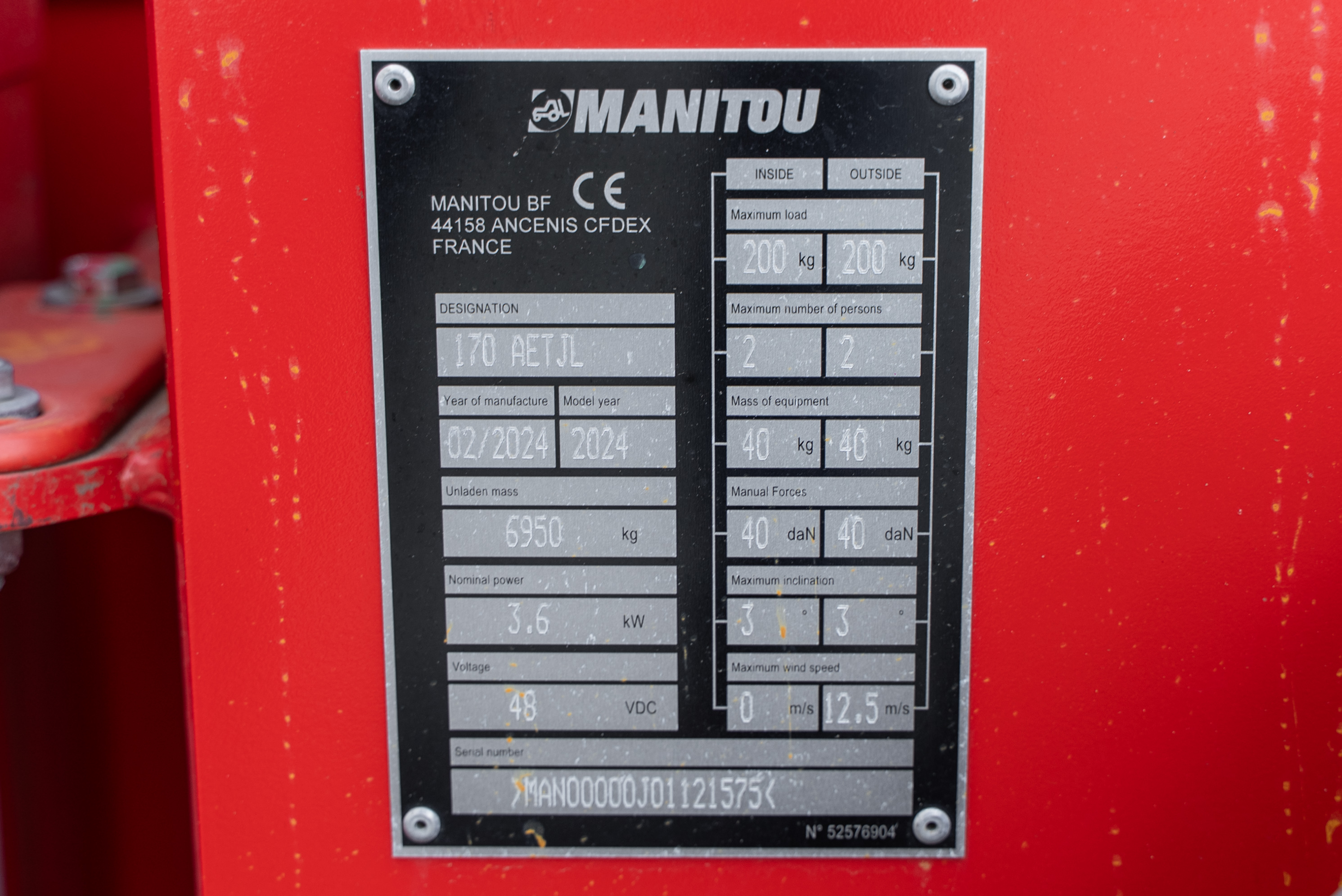 Manitou - Hoogwerkers - AETJL 170 - Typeplaat