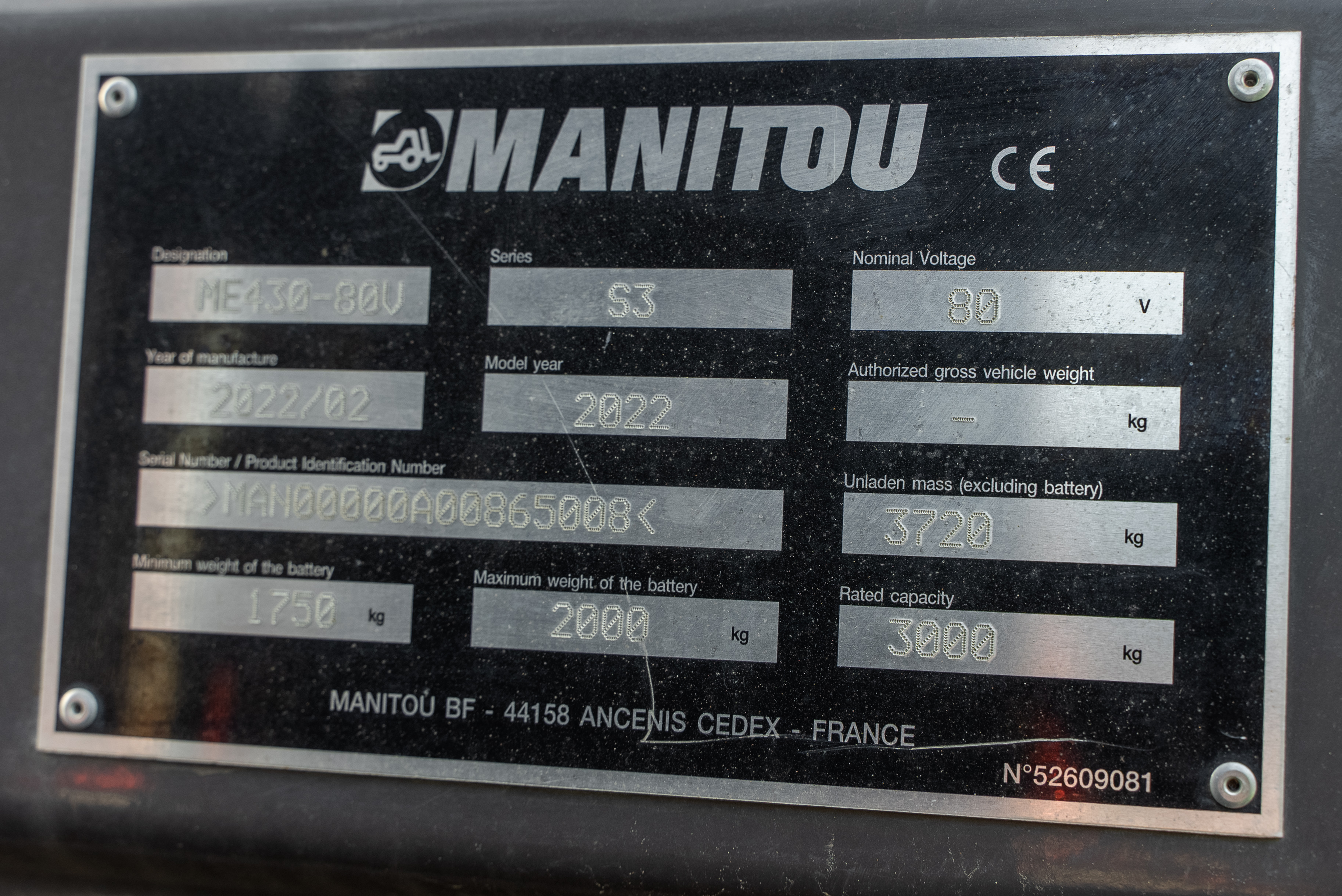Manitou - Forklifts - ME 430 80V S3 - Identification plate