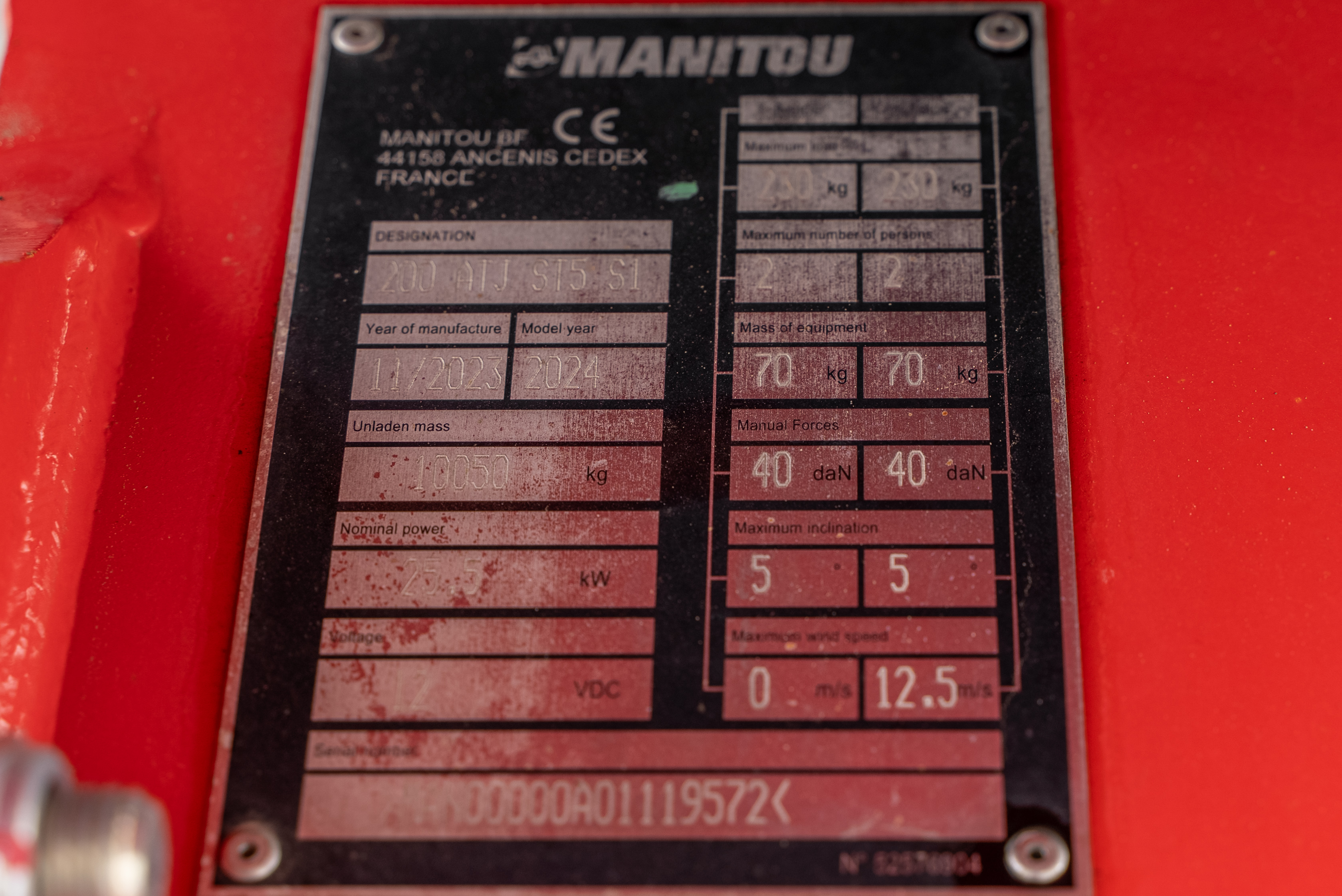 Manitou - Nacelles élévatrices - ATJ 200 ST5 S1 - Plaque signalétique